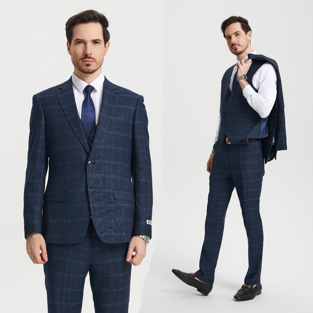 Stacy Adams Mens 3pc Suit Slim Fit Blue Textured Plaid Windowpane